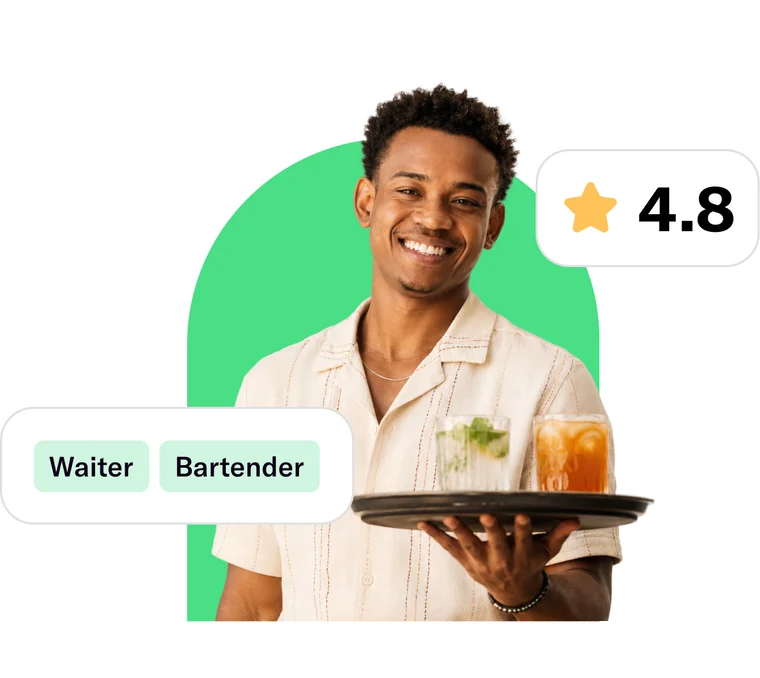 Professional holding a serving tray, with a 4.8 rating and Waiter and Bartender skill tags