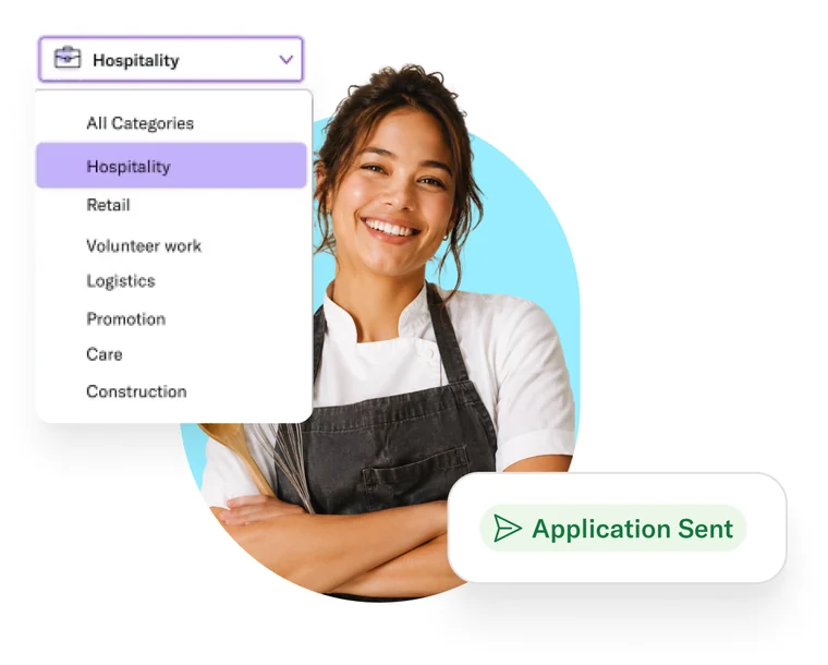 Smiling chef next to the Temper shift category filter and an 'Application sent' label