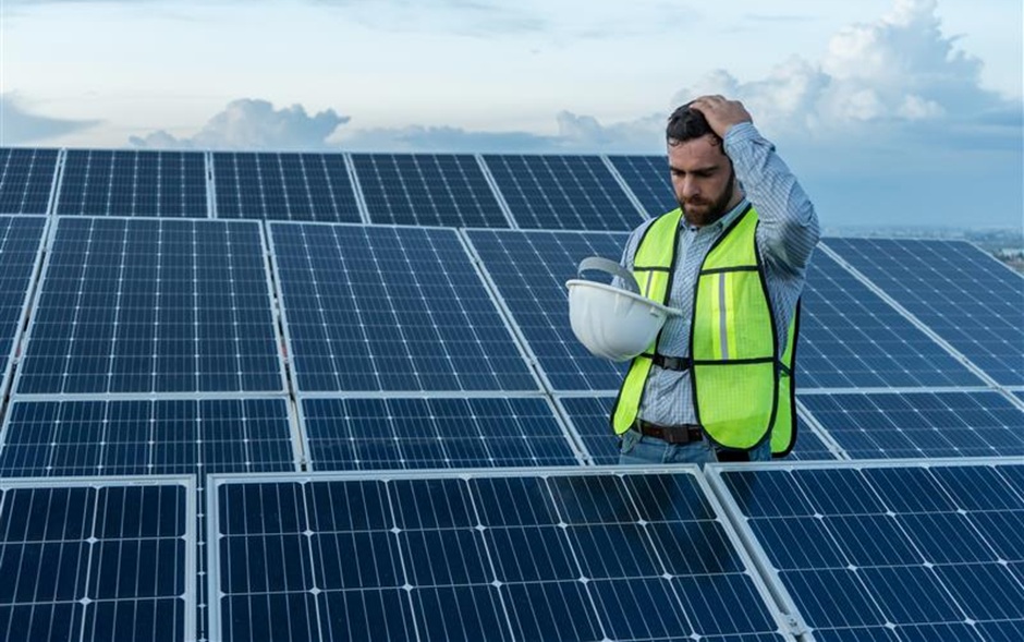 Installateur steht in Solar-Panel-Feld