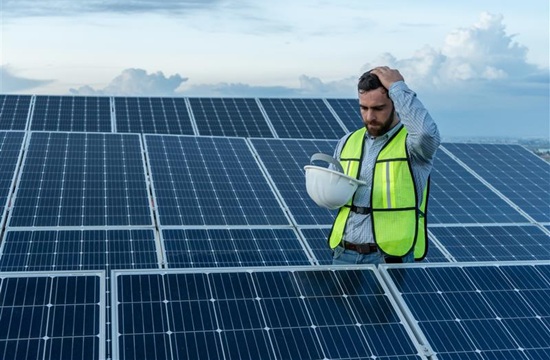 Installateur steht in Solar-Panel-Feld