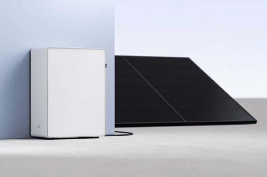 Plug-and-Play-Speicher für Balkonkraftwerke (weißes Gerät) und PV-Modul um Vordergrund