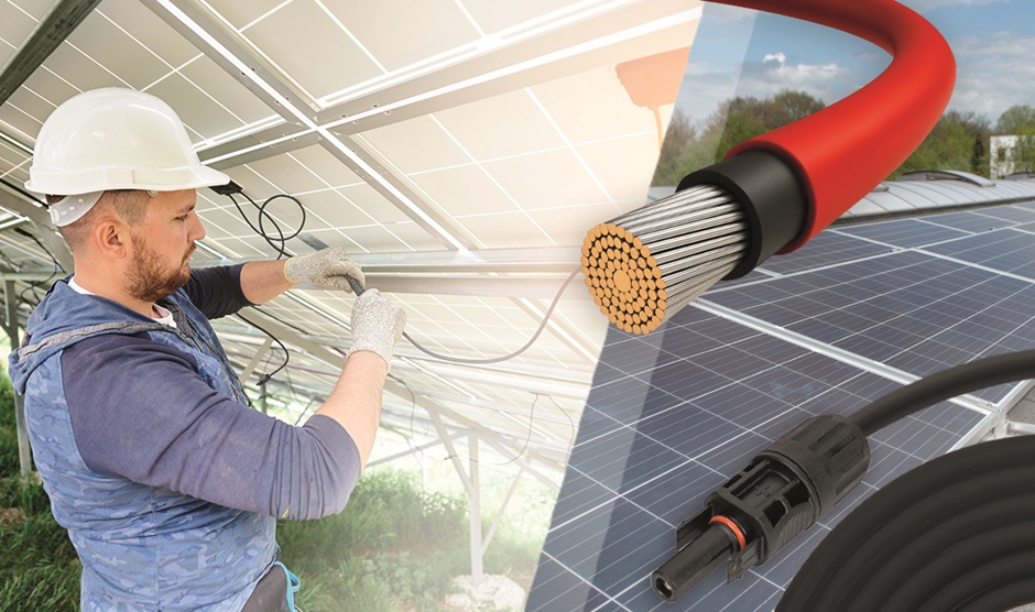 Bild-Montage mit Kabeln, Monteur und PV-Anlage
