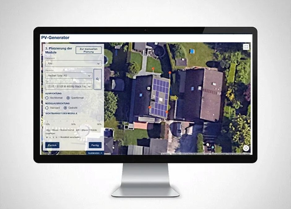 Bildschirm mit Anzeie PV-Planungstool Solar Plan mit 2-D-Visualisierung