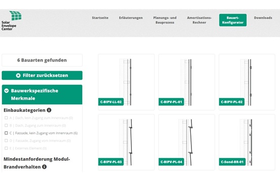 Screenshot des Bauart-Konfigurators im BIPV- Leitfaden