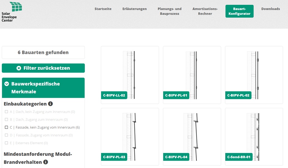 Screenshot des Bauart-Konfigurators im BIPV- Leitfaden