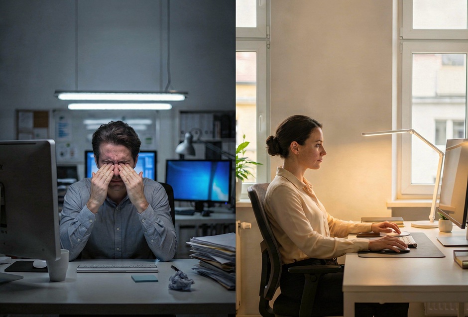Schlechte Beleuchtung vs. ergonomische Beleuchtung, unterschiedliche Situationen bei der Büroarbeit