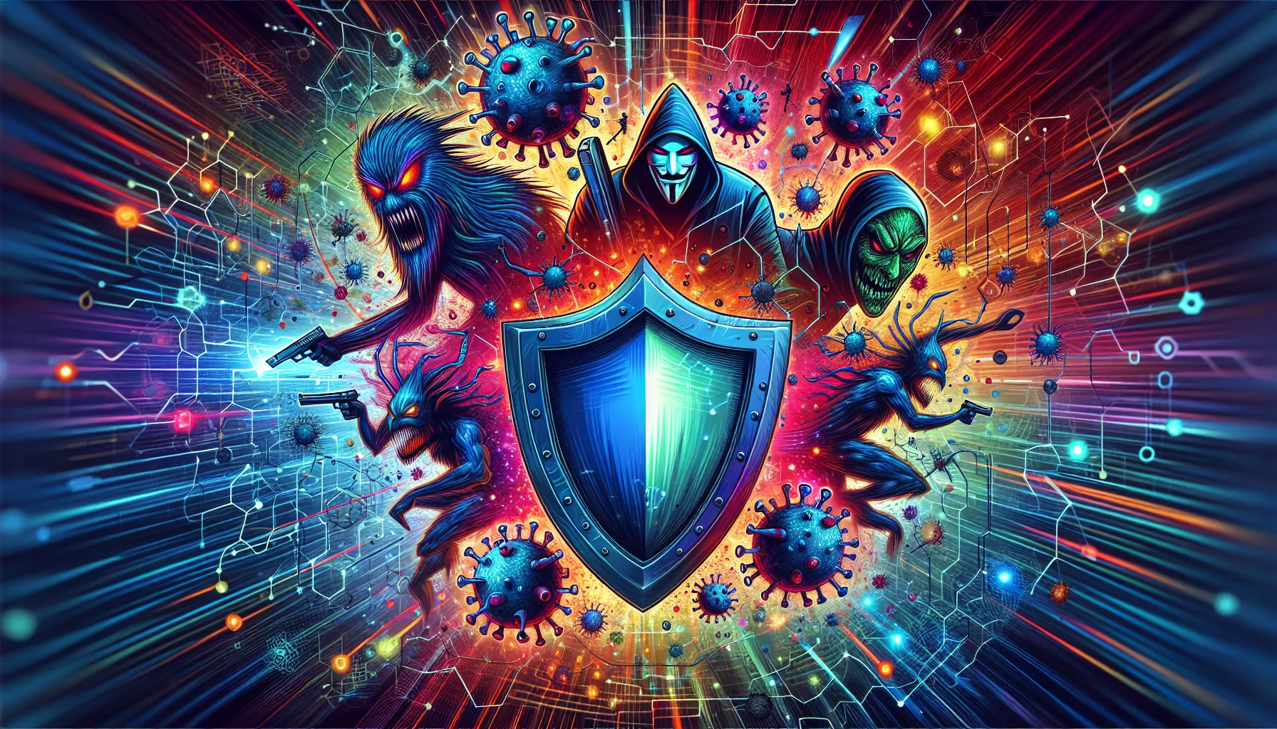 An illustration depicting various cybersecurity concepts and threats.