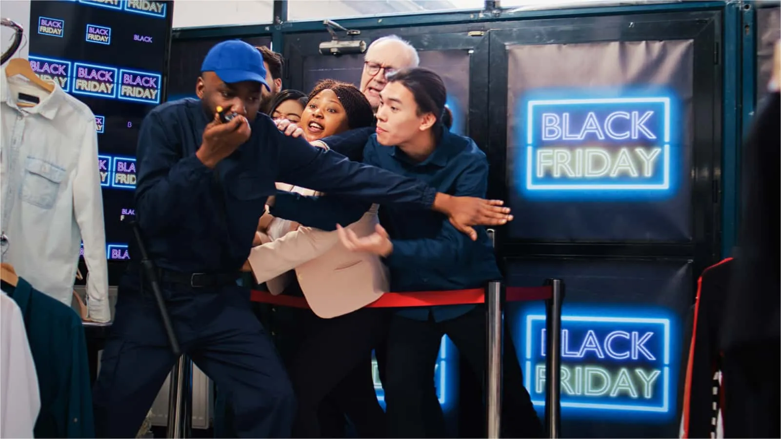 black friday crowd in front of screens saying black friday and security holding them off