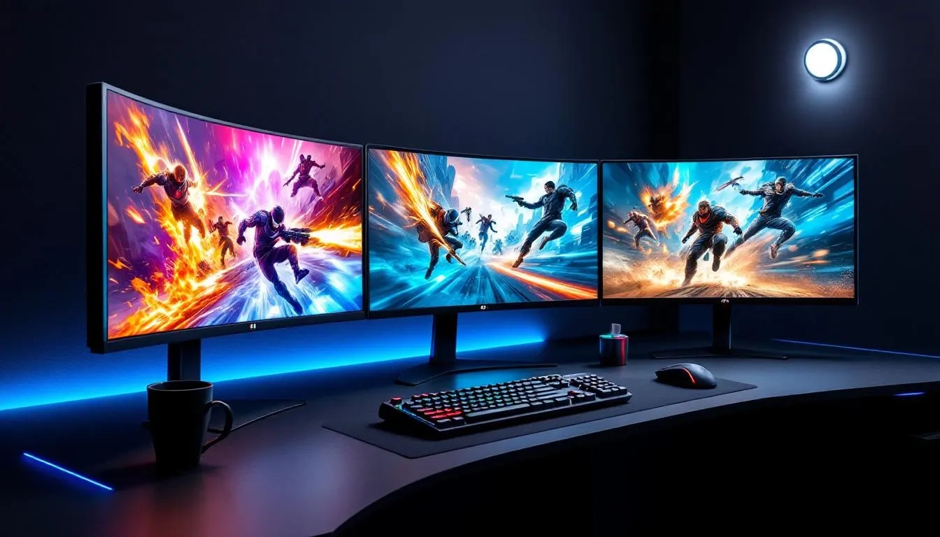 In the image, a sleek modern gaming setup features multiple monitors displaying vibrant graphics, enhanced by dynamic RGB lighting that creates an immersive atmosphere. This setup is ideal for gamers looking to maximize their experience, potentially utilizing nvidia promo codes for great deals on graphics card purchases.