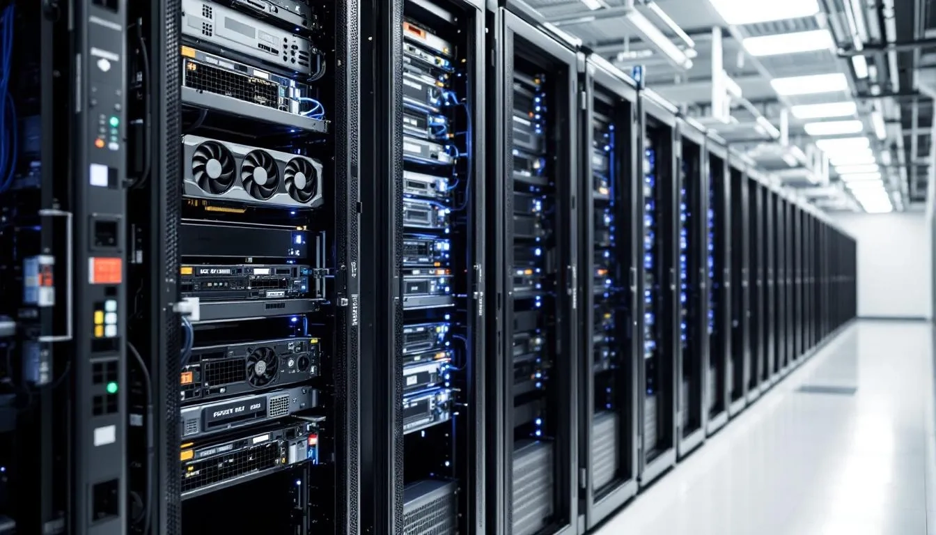 In the image, a server room is filled with rows of powerful GPU cards, prominently featuring NVIDIA technology, and a complex arrangement of network cables. This setup supports virtual workstations and various operating systems, showcasing the architecture necessary for high-performance computing and resource management.