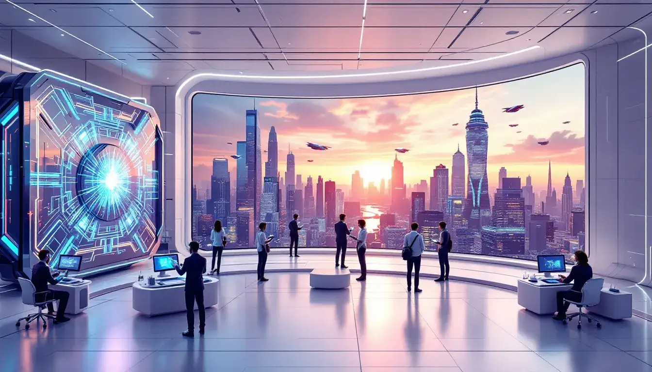 An illustration of futuristic rendering technology and AI-assisted rendering advancements.