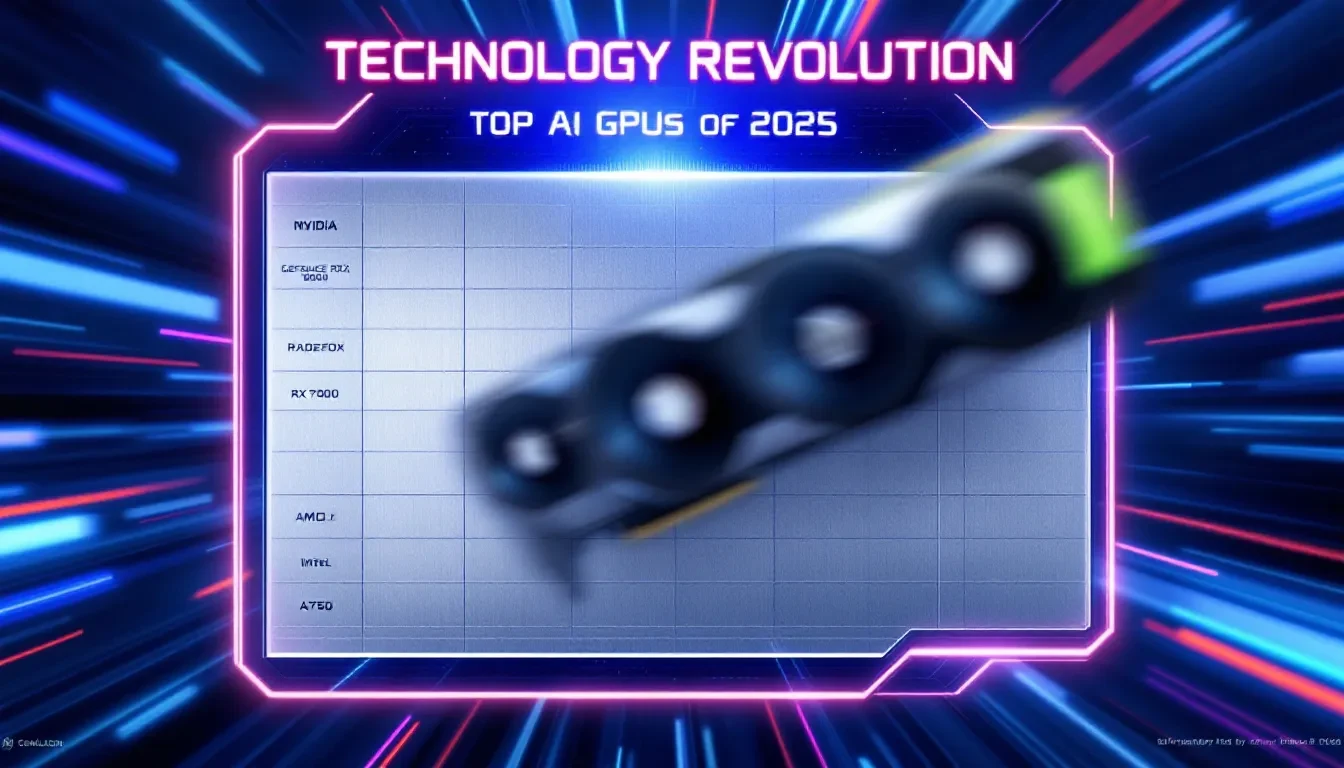 A comparison chart of top AI GPUs for 2025, featuring blurred images of the GPUs.