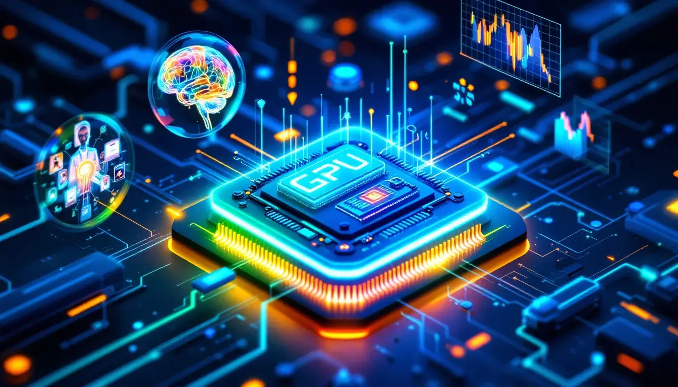 A collage of real-world applications of AI GPUs in various fields like healthcare and finance.