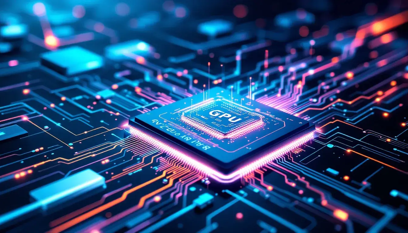 An illustration showing the importance of GPUs in AI, featuring various GPU models and AI-related graphics.
