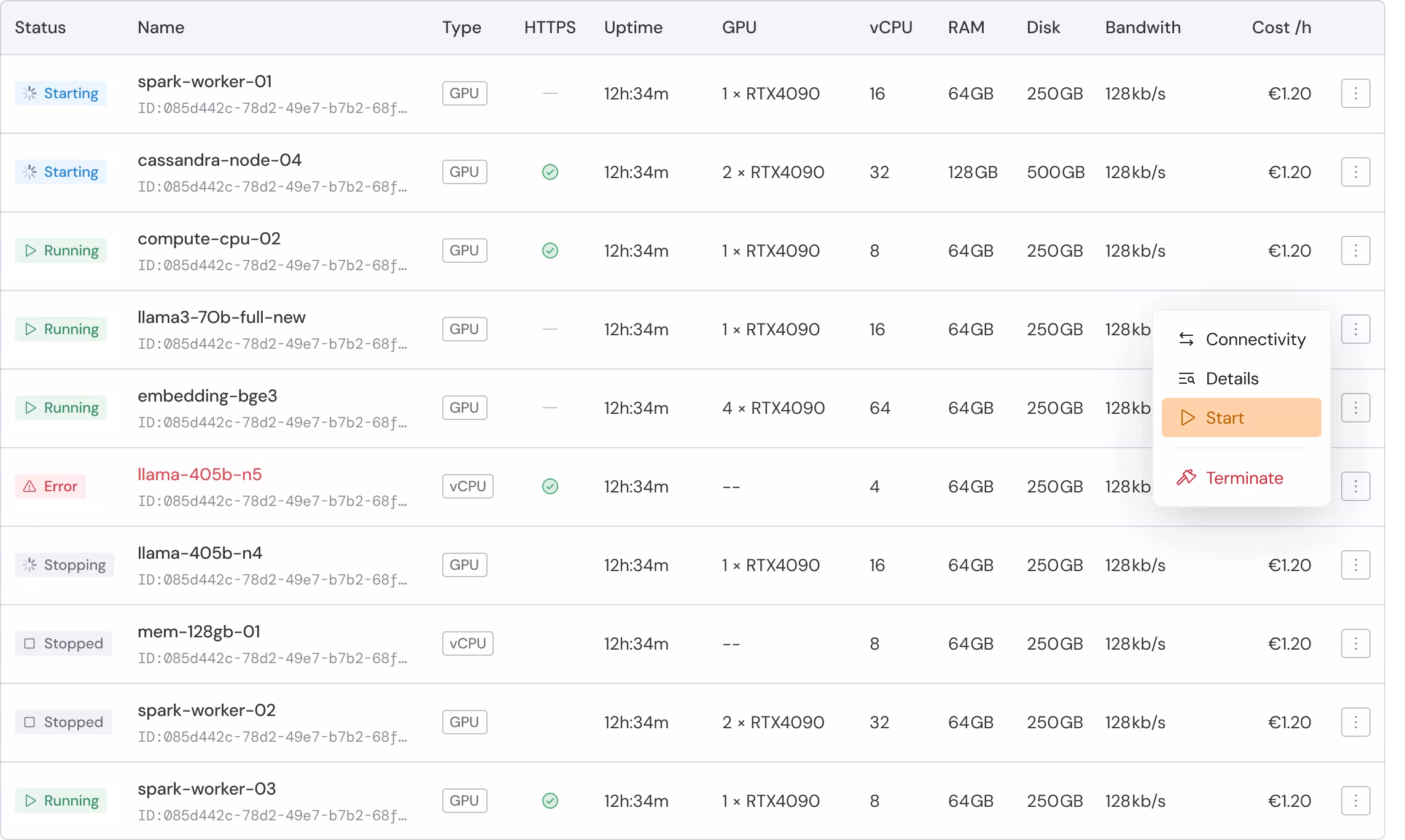 Screenshot showing the Hivenet dashboard with various Compute instances in different statuses (Running, Starting, Stopping, Stopped, and Error). A highlighted dropdown menu demonstrates the new "Start" option for restarting stopped instances.