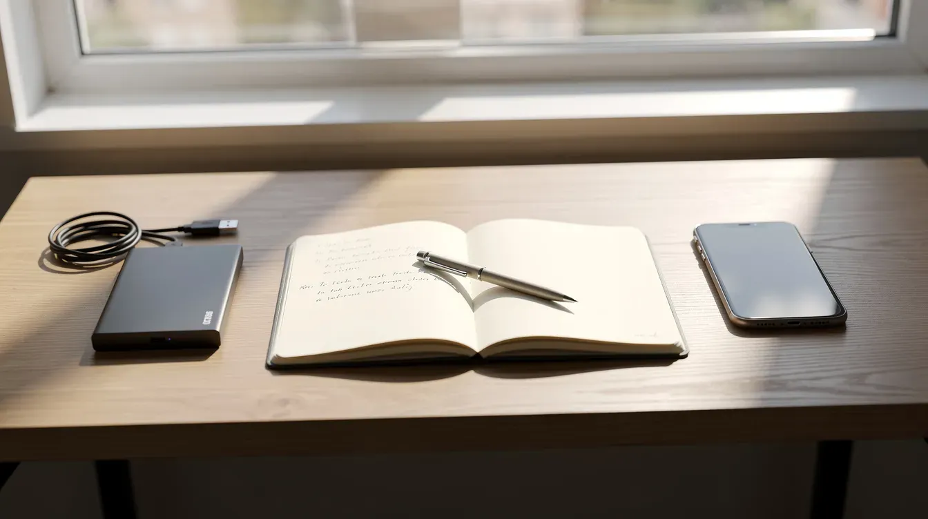 The image shows an external hard drive, a notebook, and a smartphone placed on a desk near a window, representing a workspace setup ideal for accessing files and utilizing cloud storage options. This scene suggests a blend of technology and productivity, highlighting the importance of secure data storage and file syncing across multiple devices.