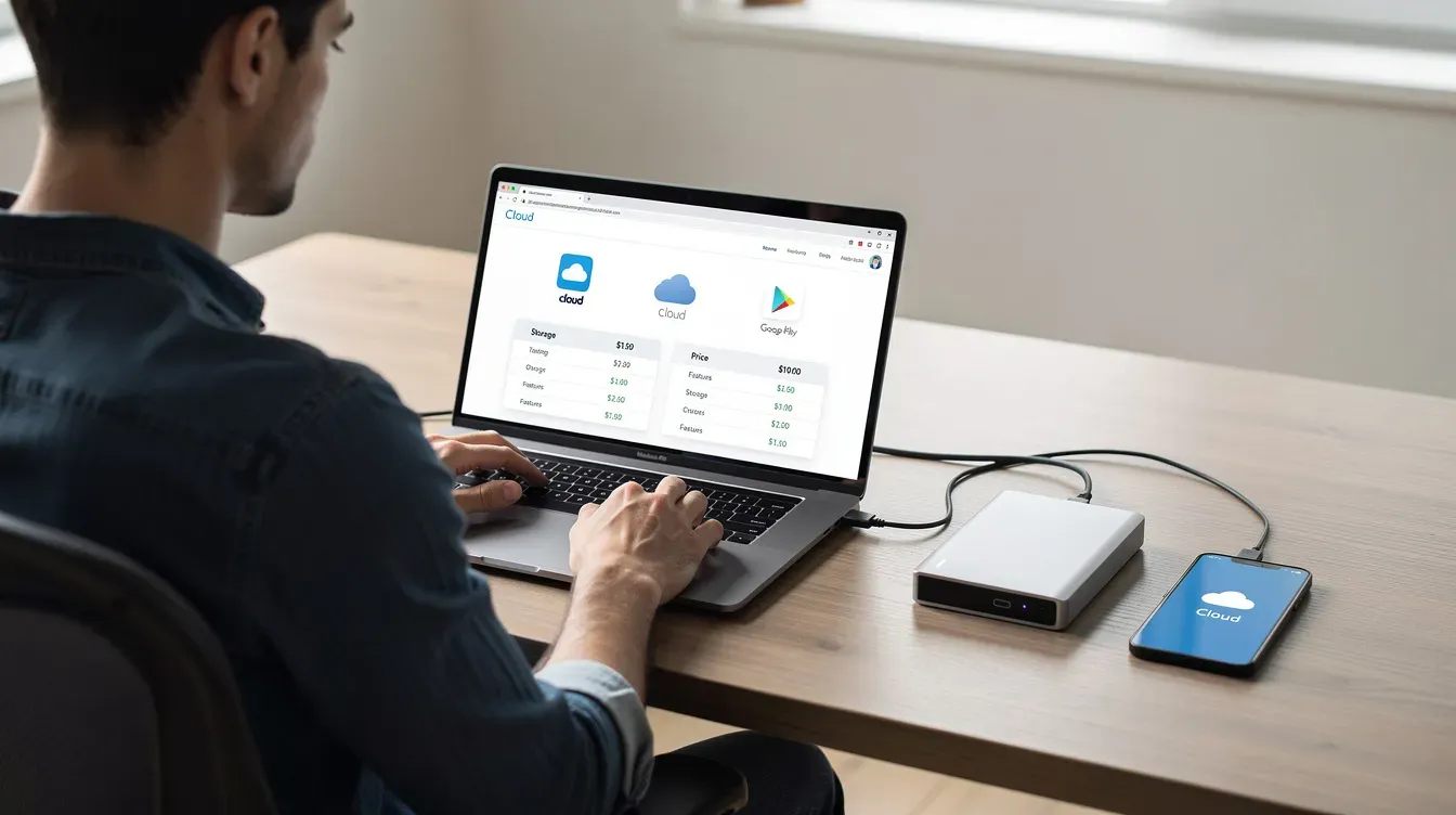 A person is sitting at a desk, comparing various cloud storage options on a laptop, with an external drive and a smartphone placed nearby. The scene highlights the importance of choosing the best cloud storage services for secure file syncing and backup solutions.