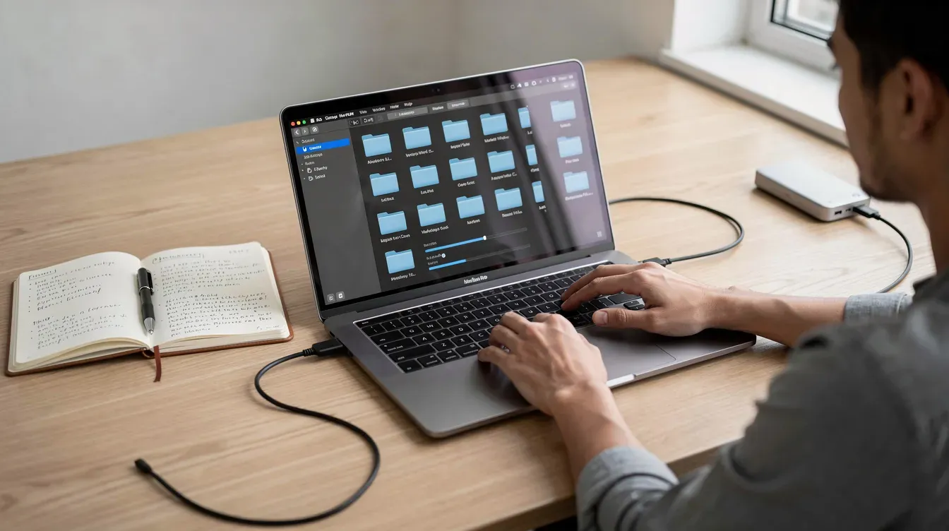A person is sitting at a desk, organizing digital files on a laptop, while an external drive and a notebook are placed beside them. This scene emphasizes the importance of managing cloud storage options and file syncing services for efficient digital organization.