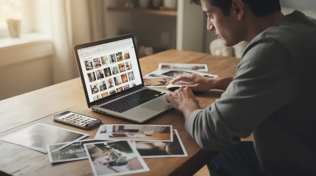 A person is seated at a desk, comparing files on a laptop, a smartphone, and printed photos, illustrating the convenience of accessing cloud storage options. The scene highlights the use of various devices for file syncing and sharing, emphasizing the importance of secure cloud storage solutions for organizing digital files.