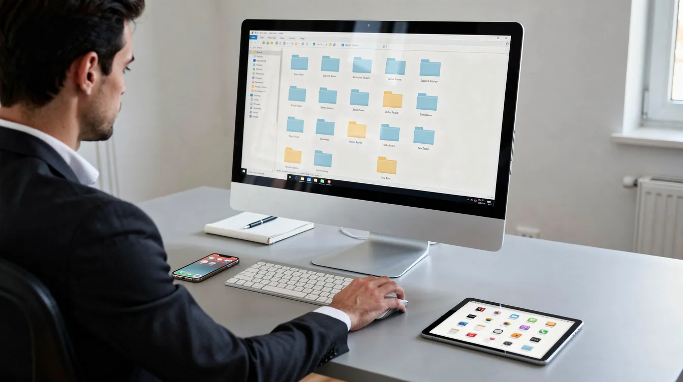 A person is sitting at a desktop computer, reviewing folders while a smartphone and tablet are placed nearby, suggesting a focus on cloud storage options and file syncing across devices. The scene highlights the integration of technology in managing cloud files and online storage solutions.
