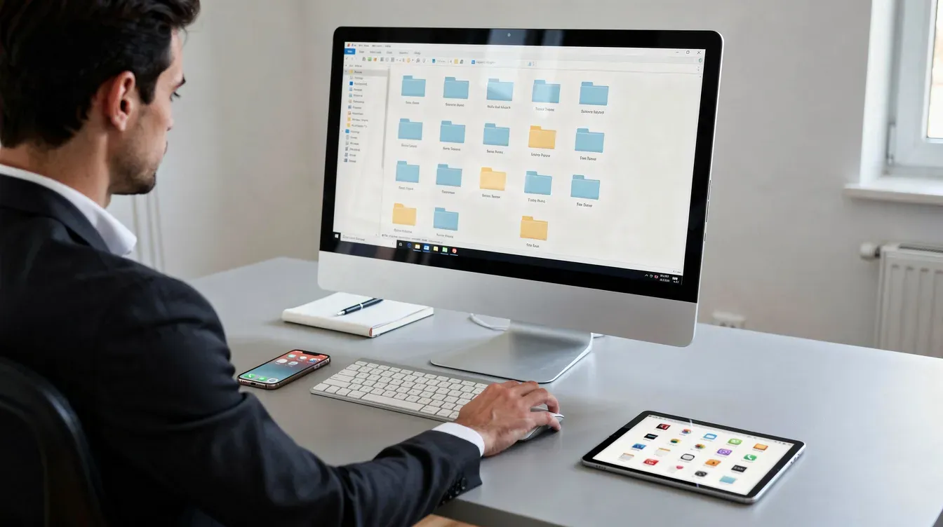 A person is sitting at a desktop computer, reviewing folders while a smartphone and tablet are placed nearby, suggesting a focus on cloud storage options and file syncing across devices. The scene highlights the integration of technology in managing cloud files and online storage solutions.