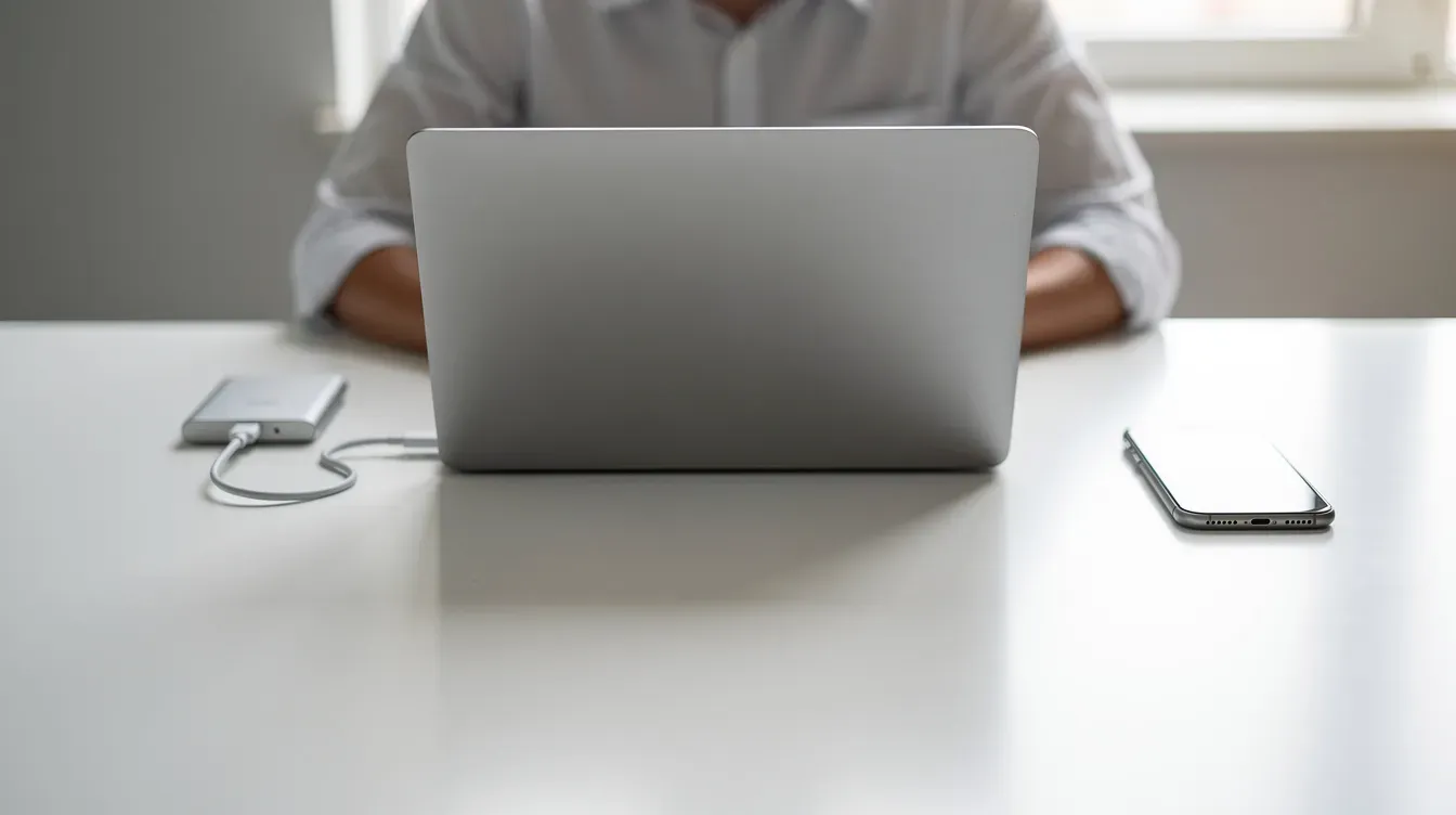 A person is seated at a clean desk using a laptop, with an external drive and a phone placed next to it. This setup suggests a focus on efficient file management and possibly utilizing cloud storage options for backup and syncing files.