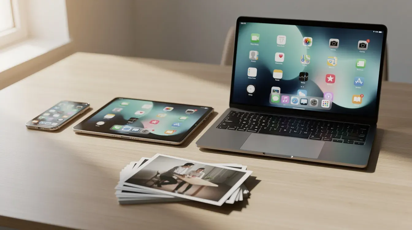 The image shows a phone, tablet, and laptop placed on a table next to a small stack of photo prints, illustrating a modern workspace that could benefit from various cloud storage options for backing up valuable data and sharing files across multiple devices.