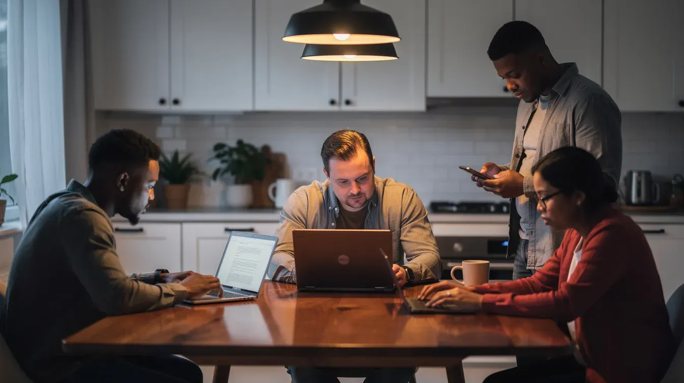 A small group of people is gathered around a kitchen table, focused on reviewing files on their laptops and phones. They appear to be discussing various cloud storage options and features, such as file syncing and security features, while considering the best cloud storage services for their needs.