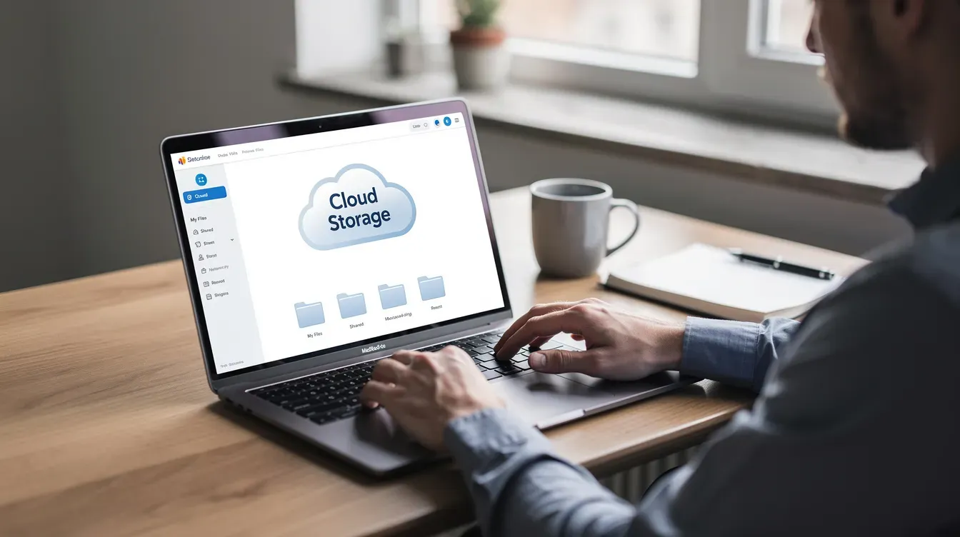 An image of a developer working beside a laptop displaying a cloud storage interface, showcasing various cloud storage options and features for managing and sharing customer data securely. The scene highlights the importance of cloud storage solutions for business users, emphasizing data access and collaboration tools.