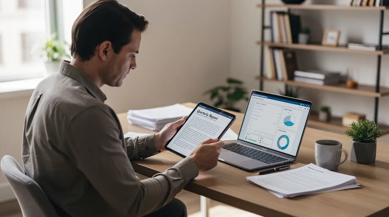 A small business owner is seated at a desk, reviewing documents on a tablet while a laptop is open beside them. This scene highlights the importance of cloud storage solutions for managing customer data and accessing files across multiple devices.