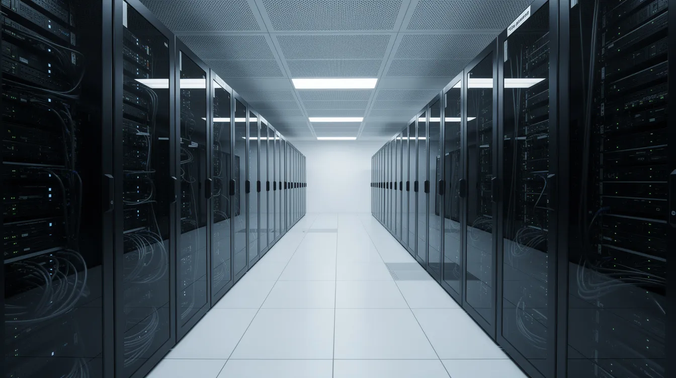 The image depicts a quiet server room filled with rows of equipment, illuminated by soft lighting that creates a calm atmosphere. This environment is essential for cloud storage solutions, ensuring secure data access and management for business users.