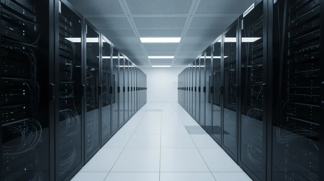 The image depicts a quiet server room filled with rows of equipment, illuminated by soft lighting that creates a calm atmosphere. This environment is essential for cloud storage solutions, ensuring secure data access and management for business users.