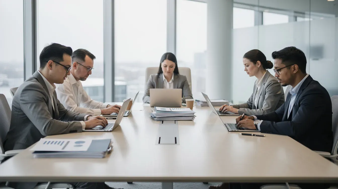 A business team is gathered in a calm office setting, reviewing files on their laptops, which are connected to cloud storage services for secure file sharing and easy collaboration. The atmosphere reflects a focus on data management and efficient use of cloud storage solutions, ensuring access to customer data and files across multiple devices.