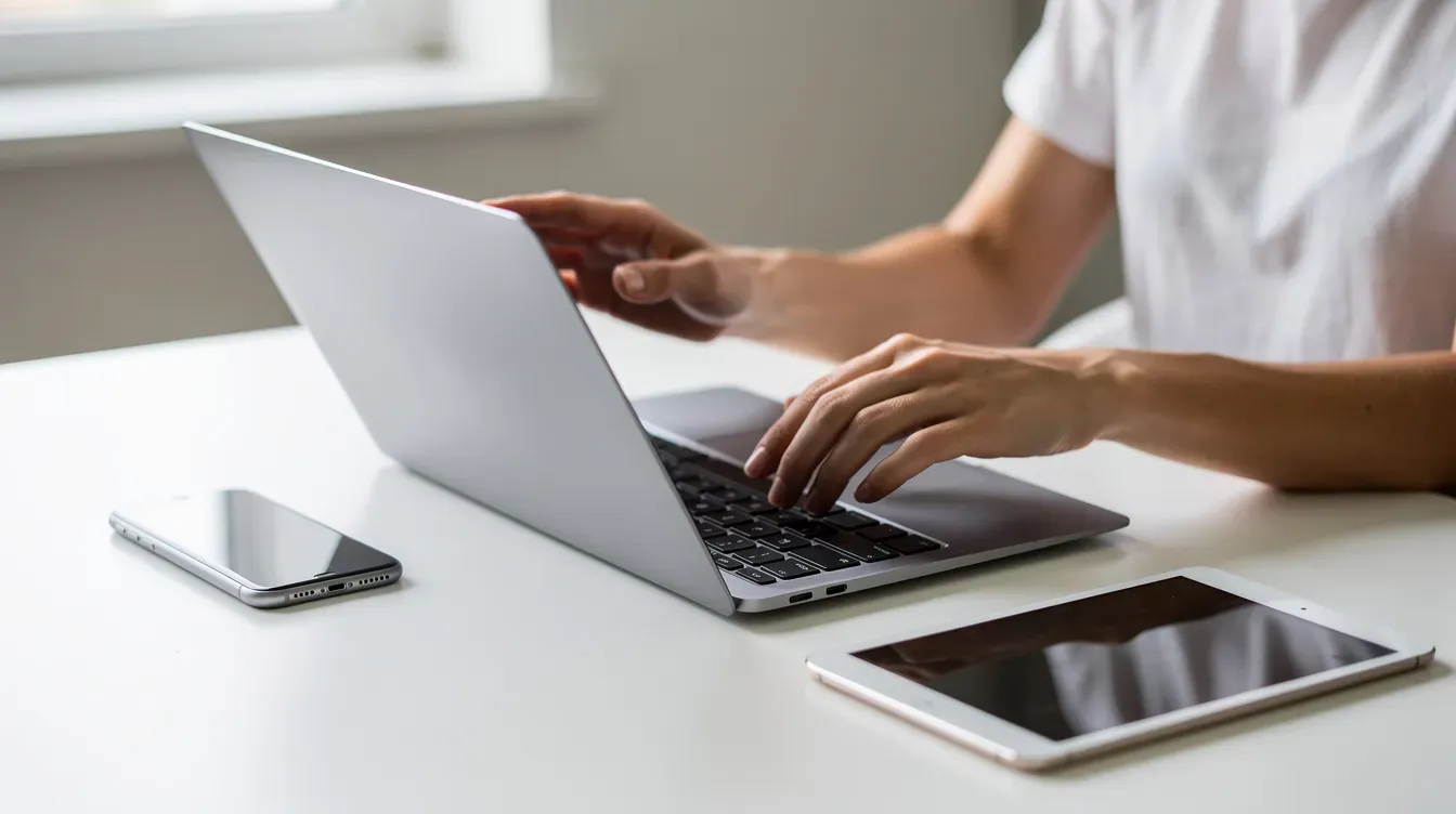 A person is opening a laptop on a clean desk, with a phone and a tablet placed beside it, illustrating a modern workspace that highlights the convenience of using cloud storage solutions for accessing files across multiple devices. The setup suggests a focus on efficiency, possibly for tasks related to online storage and file syncing.