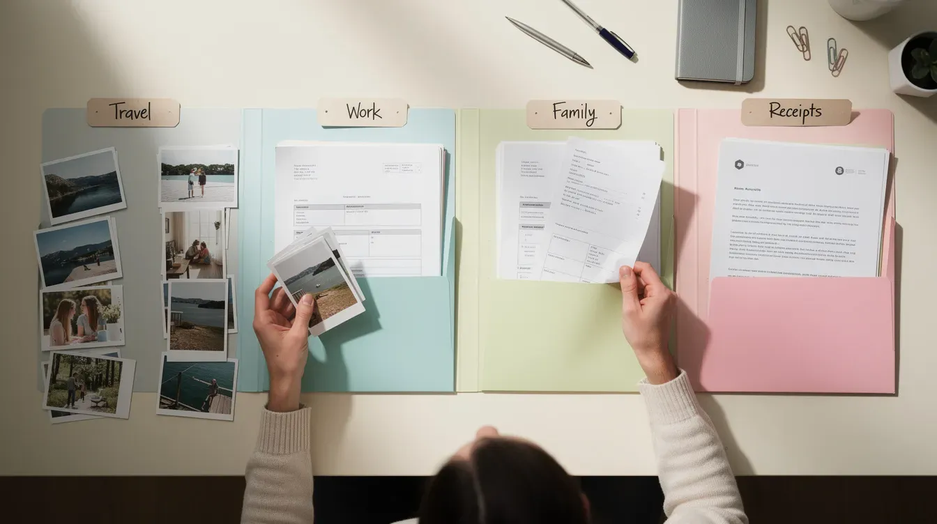 An individual is carefully organizing printed photos and documents into labeled folders, ensuring everything is neatly arranged for easy access. This method mirrors the efficiency of cloud storage solutions, where digital files can be securely stored and organized for seamless access across multiple devices.