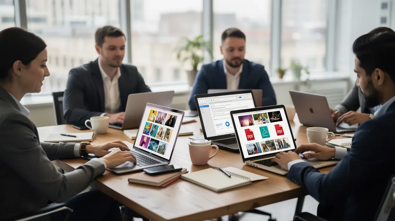A group of team members is gathered around a shared table, each focused on reviewing photos and files displayed on their separate laptops. They are collaborating effectively, utilizing cloud storage options for easy access and file sharing.