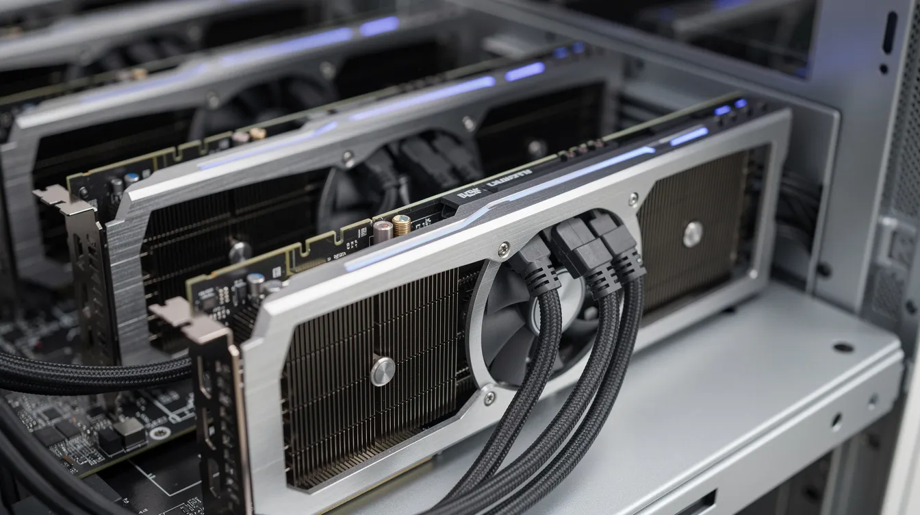 The image shows a close-up view of multiple graphics cards installed inside a server chassis, highlighting the powerful processors essential for high performance computing (HPC) tasks. These compute nodes are integral to HPC systems, providing the computing power necessary for data analytics, scientific research, and other demanding workloads.