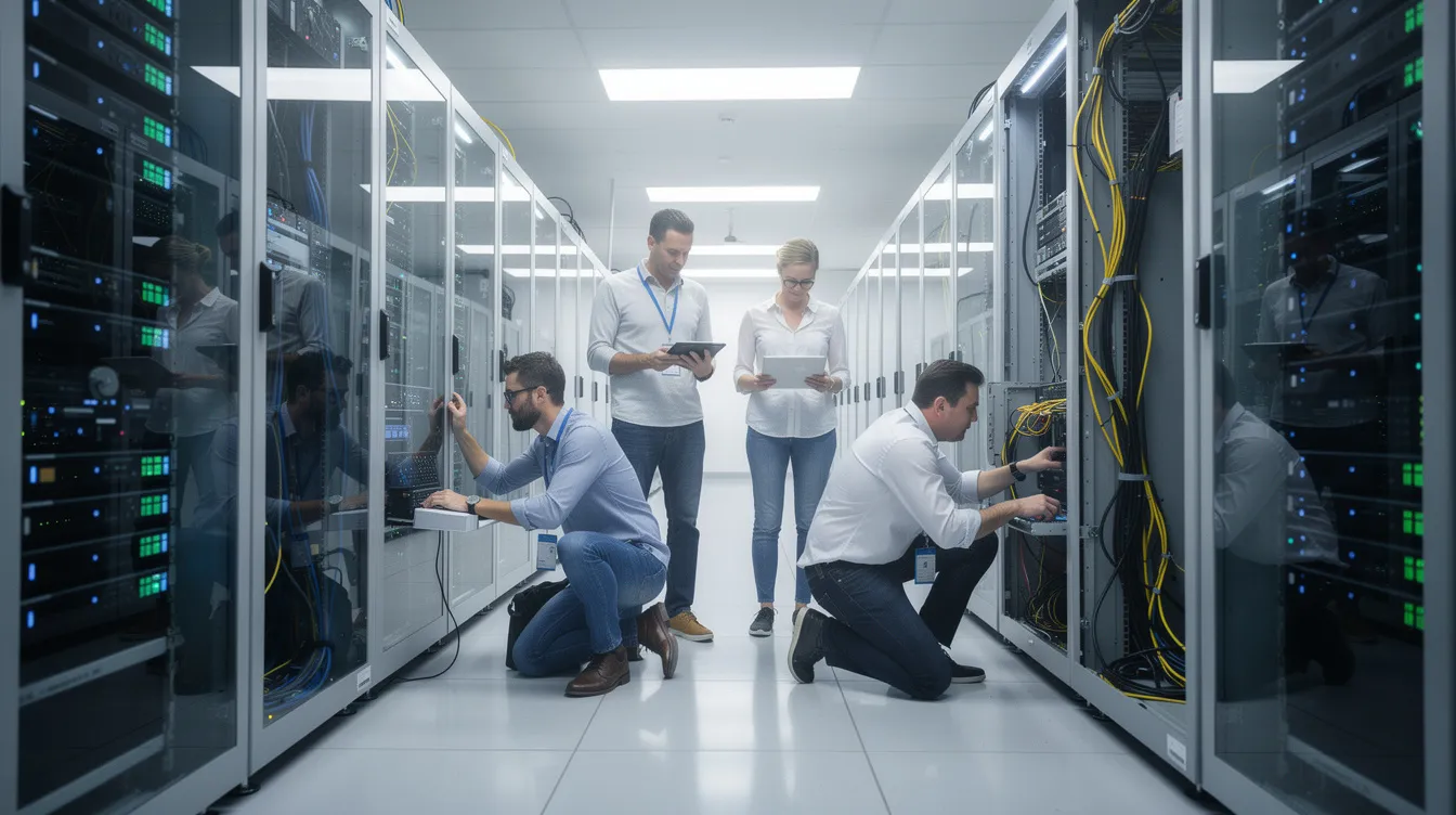The image depicts researchers collaborating near rows of high performance computing (HPC) servers in a modern facility, showcasing the powerful computing resources necessary for scientific research and data analytics. The environment highlights the use of multiple computers and compute nodes, essential for processing large amounts of data efficiently.