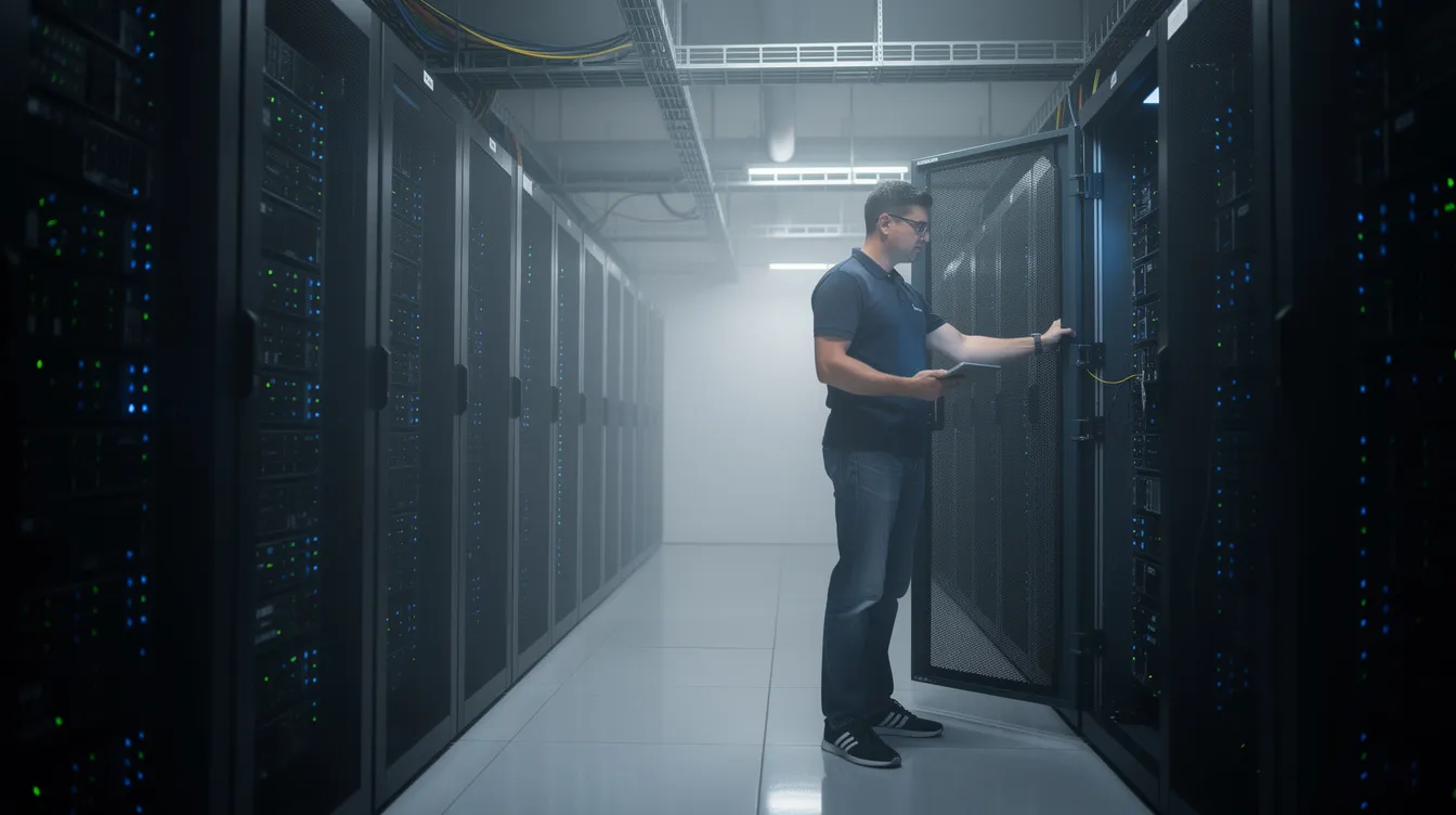A technician is carefully inspecting server hardware in a quiet aisle of a data center, where multiple computers are organized as part of an HPC cluster. This environment is crucial for high performance computing, enabling efficient data processing and storage for scientific research and data analytics.