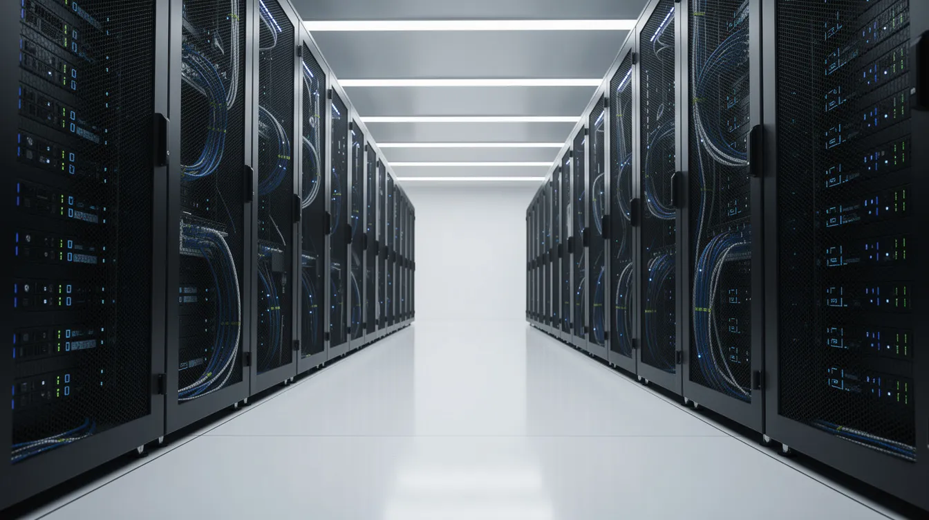The image depicts a server rack located in a clean and organized data center aisle, showcasing high performance computing (HPC) systems designed for immense computational power and efficient data analysis. The rack is filled with powerful processors that support complex calculations and parallel processing, essential for various HPC applications like machine learning and climate modeling.