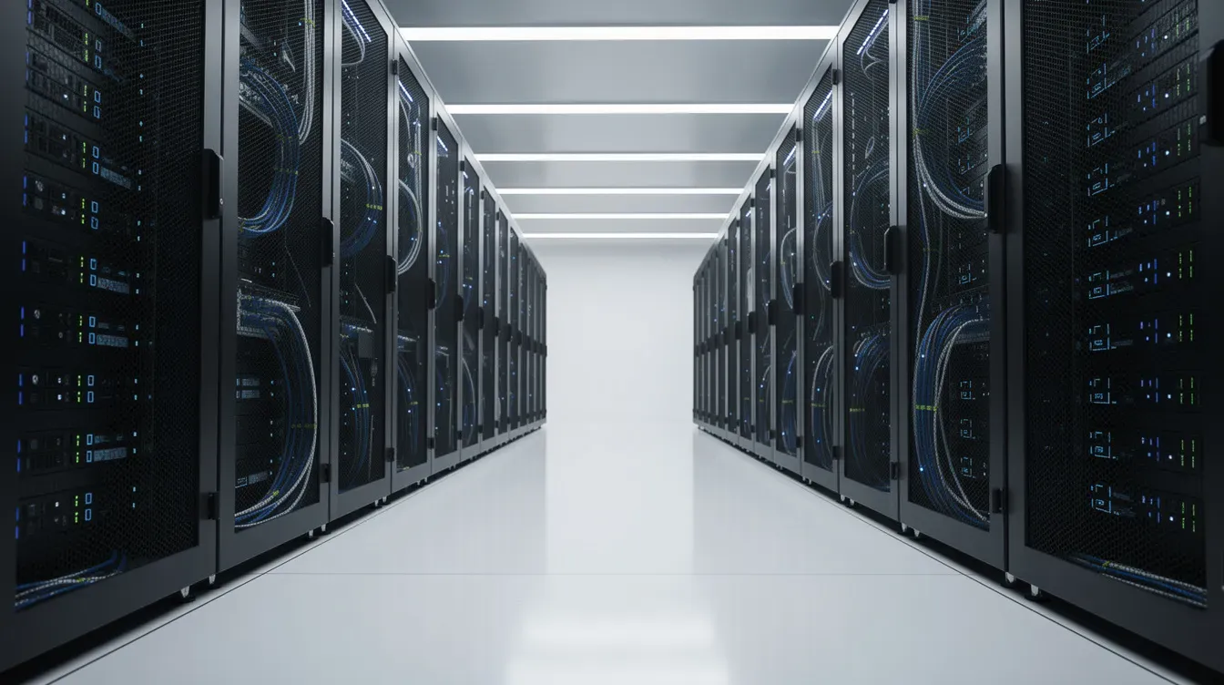 The image depicts a server rack located in a clean and organized data center aisle, showcasing high performance computing (HPC) systems designed for immense computational power and efficient data analysis. The rack is filled with powerful processors that support complex calculations and parallel processing, essential for various HPC applications like machine learning and climate modeling.