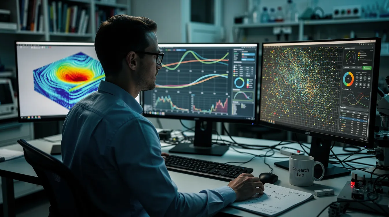 A researcher is intently reviewing simulation results displayed across several monitors, utilizing high performance computing (HPC) systems to analyze complex data and perform intricate calculations. The scene highlights the importance of immense computational power and advanced technology in driving insights for scientific research and data analytics.