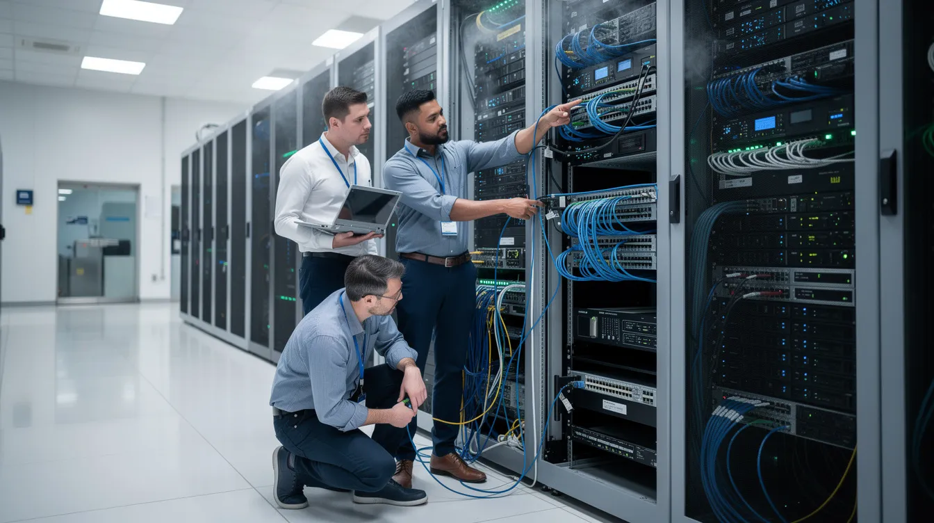 Two engineers are working diligently near a high-density server cabinet filled with powerful processors, which are part of an HPC system designed for high performance computing and data analysis. They are focused on optimizing the computing resources necessary for complex calculations and processing speed in various applications such as machine learning and climate modeling.