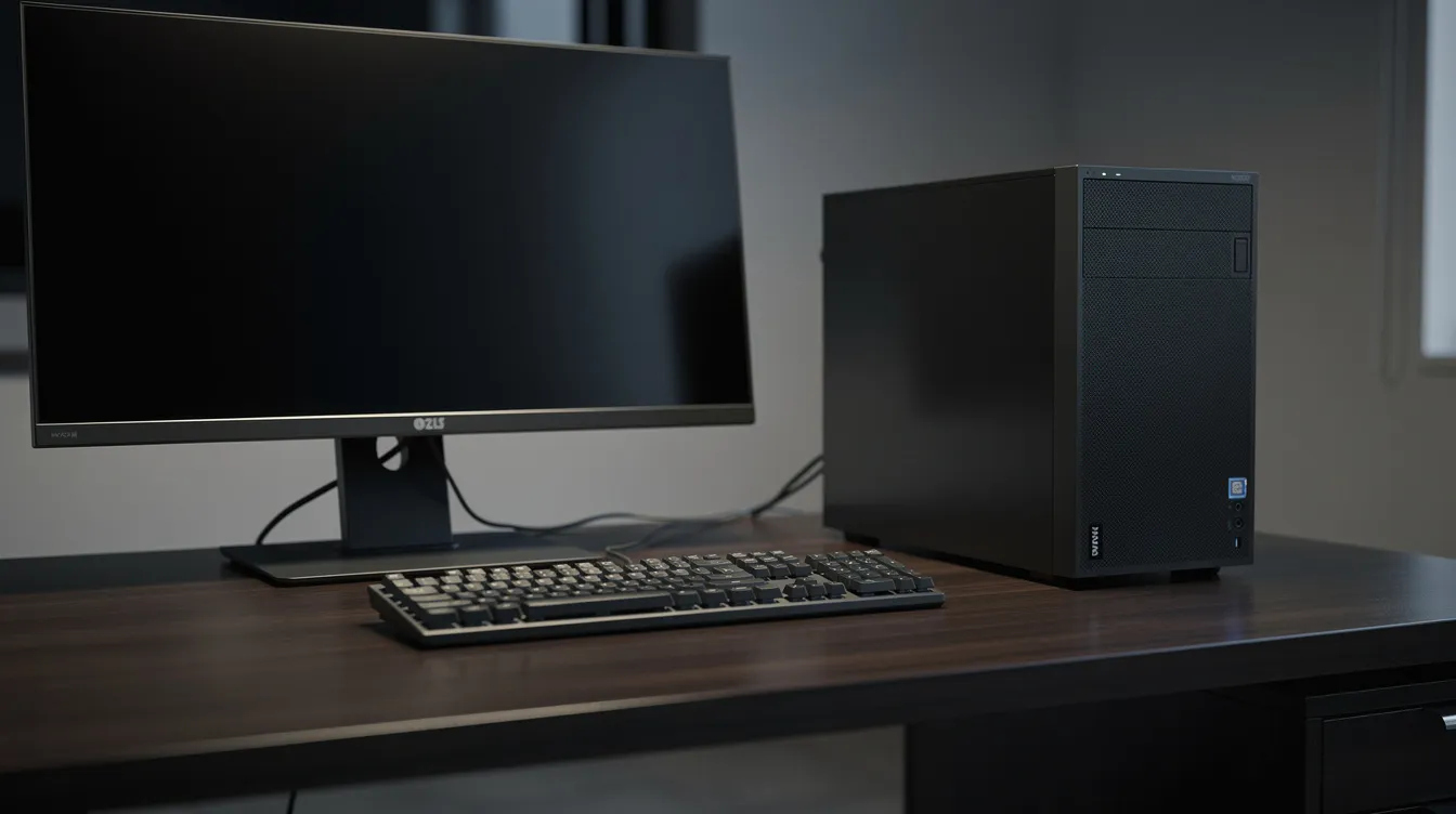The image depicts a quiet workstation desk in a dimly lit office, featuring a computer tower, a keyboard, and a monitor, all arranged for efficient use in tasks like running large language models (LLMs). The setup suggests a focus on optimal performance for computational requirements, potentially utilizing powerful consumer GPUs for inference tasks.