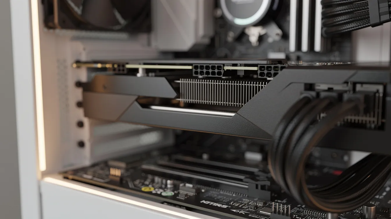 The image features a close-up of a high-end graphics card, specifically the NVIDIA RTX 4090, installed in a workstation, illuminated by soft lighting. This setup highlights the card's advanced GPU performance and memory bandwidth, essential for running large language models and handling demanding AI workloads.