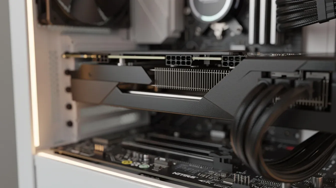 The image features a close-up of a high-end graphics card, specifically the NVIDIA RTX 4090, installed in a workstation, illuminated by soft lighting. This setup highlights the card's advanced GPU performance and memory bandwidth, essential for running large language models and handling demanding AI workloads.