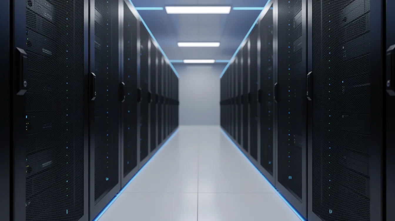 The image depicts a row of sleek server racks in a modern data center, illuminated by cool blue lighting, creating an atmosphere conducive to efficient inference and optimal performance for large language models (LLMs). The setup suggests a focus on high memory bandwidth and powerful data center GPUs, essential for handling demanding AI workloads.