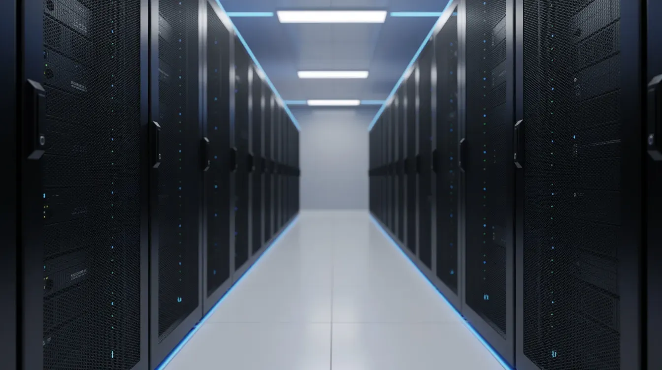 The image depicts a row of sleek server racks in a modern data center, illuminated by cool blue lighting, creating an atmosphere conducive to efficient inference and optimal performance for large language models (LLMs). The setup suggests a focus on high memory bandwidth and powerful data center GPUs, essential for handling demanding AI workloads.