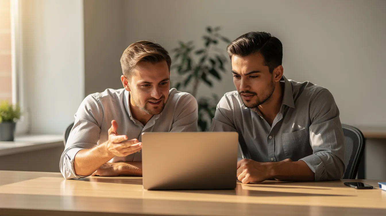 In a quiet office, a diverse group of people is collaboratively reviewing a laptop, discussing its features and potential applications in the context of ethical AI development. Their conversation highlights the importance of ethical considerations and human oversight in the advancement of AI technologies.