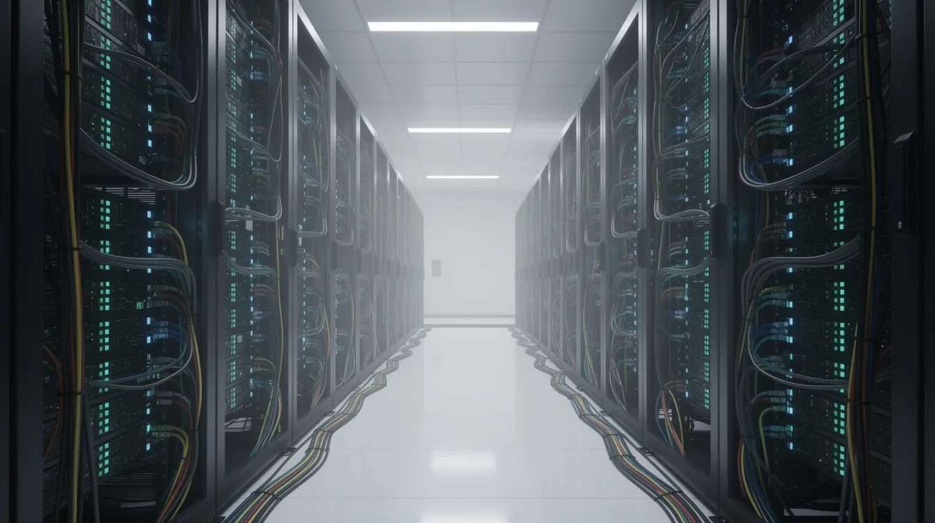The image depicts a clean and organized aisle in a data center, showcasing rows of server hardware neatly arranged on racks. This environment emphasizes the importance of ethical AI development and responsible practices in managing AI systems and technologies.